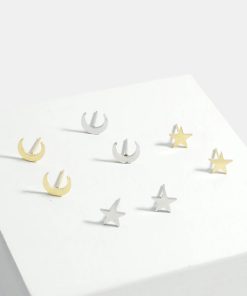 2-Pair Star & Moon Stud Earrings