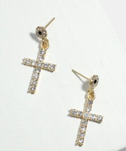 Rhinestone-Studded Cross Dangle Earrings