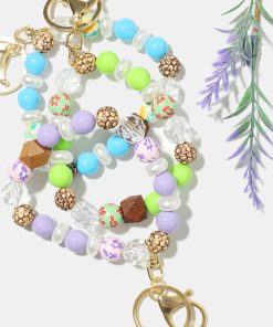 Wood and Pearl Bead Keychain Bracelet