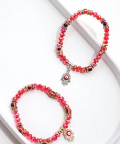 Red Hamsa Hand Bracelet with Multi Rhinestones