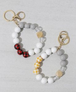 Plaid-Wood Bead Keychain Bracelet