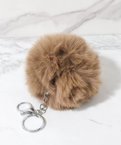 Alternative view of Neutral Faux Fur Pom Pom Keychain