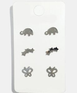 3-Pair Elephant, Star & Butterfly Stud Earrings