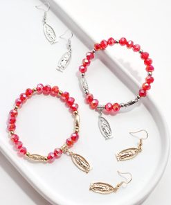 Red Virgin Mary Bead Bracelet & Earring Set